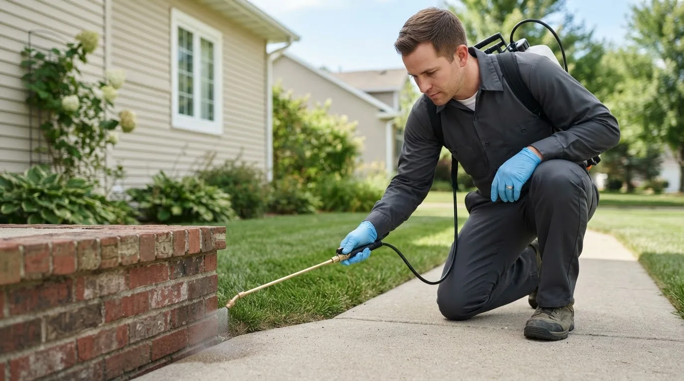Pest control technician treating a home near Wheaton, MO